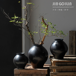 黑色陶瓷花瓶高级感侘寂风插花花器简约复古装饰民宿餐厅陶罐摆件