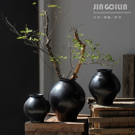 黑色陶瓷花瓶高级感侘寂风插花花器简约复古装饰民宿餐厅陶罐摆件