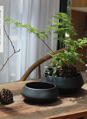 剑山插花器皿禅意日式复古新中式陶瓷水培鲜花黑色水干点心果盘盆