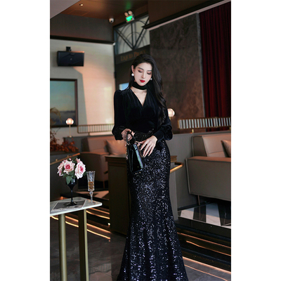 【尤克菲儿】原创设计轻奢名媛高定丝绒亮片显瘦开叉飘带连衣裙