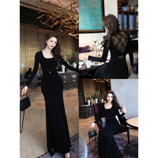 尤克菲儿 轻奢高定醋酸修身显瘦高腰气质长袖黑色连衣裙