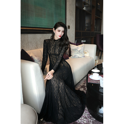 尤克菲儿 原创高定蕾丝亮片裙气质优雅修身显瘦高腰包臀连衣裙