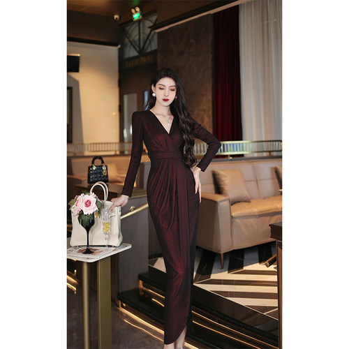 YOUKEFEIER原创设计纯色烫金针织修身优雅法式休闲复古轻奢连衣裙