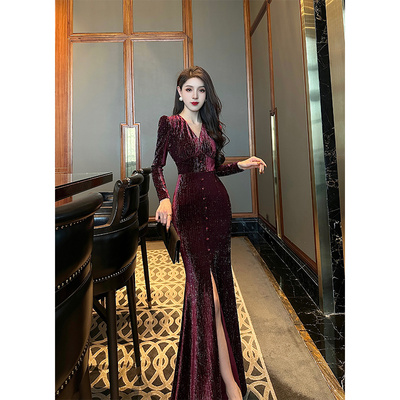 【尤克菲儿】原创设计丝绒亮丝复古鱼尾精致优雅长袖V领连衣裙