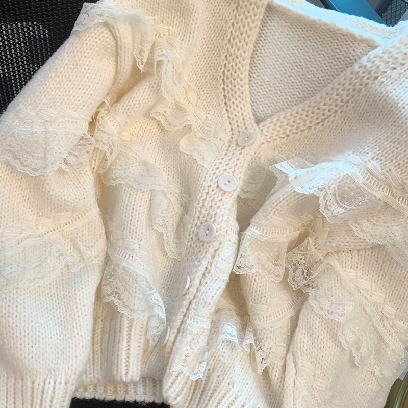 WHITE KNITTED CARDIGAN WOMENS V-NECK 2023 NEW SPRING AND AUTUMN WEAR DESIGN SENSE SOFT GLUT SWEATER JACKET AUTUMN AND WINTER STYLE