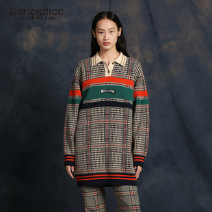 年轻活力春新品 达衣岩时尚 学院风条纹碰撞千鸟格纹针织裙女