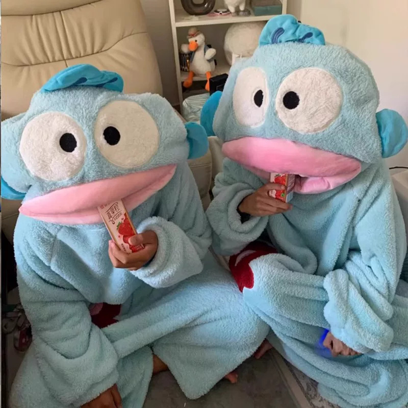 可爱汉顿丑鱼连体睡衣女毛绒秋冬季珊瑚绒睡袍家居服搞怪加厚套装