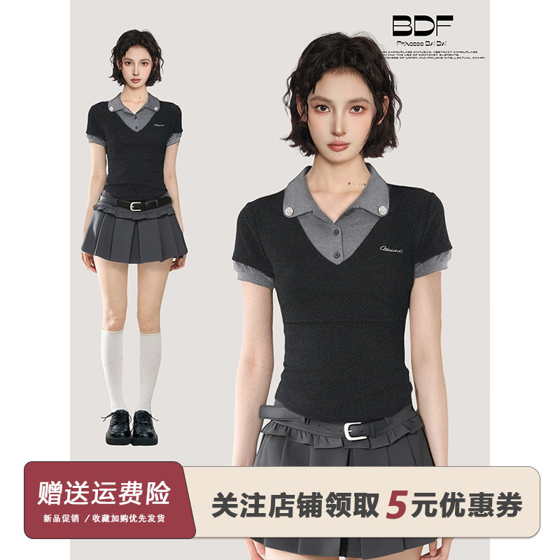 黑色假两件polo衫正肩短袖t恤女夏季v领修身短款紧身美式辣妹上衣