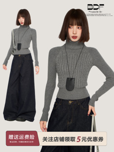 灰色高领针织毛衣内搭打底衫女秋冬季加厚短款修身紧身羊毛衫上衣