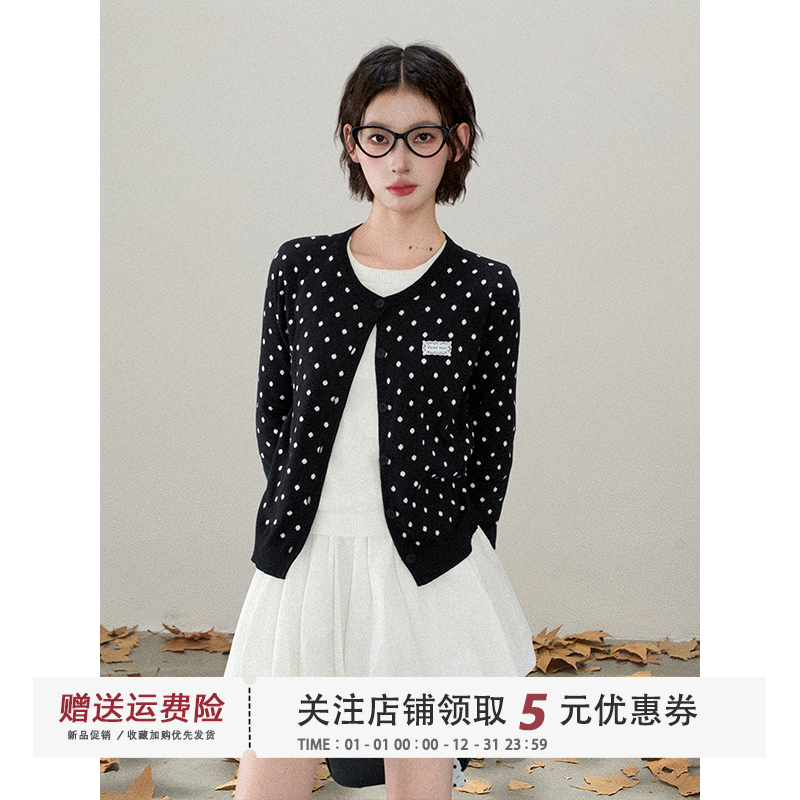 黑色波点假两件针织开衫女秋季早秋短款外搭正肩毛衣外套长袖上衣