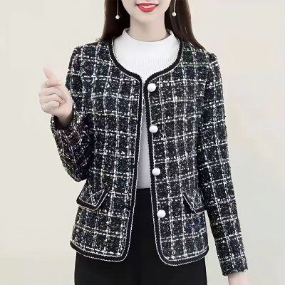 中年妇女小香风短款外套2023春装新款千鸟格妈妈时尚圆领开衫上衣