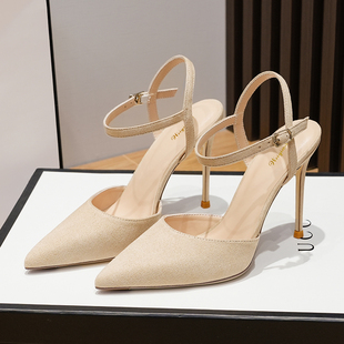 浅色尖头中空高跟鞋女时装欧美扣带细带杏色法式名媛后绊带单鞋女