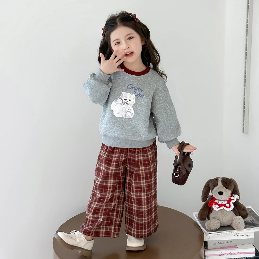 儿童女童英伦风格子卫衣套装韩版秋装简约卡通休闲两件套