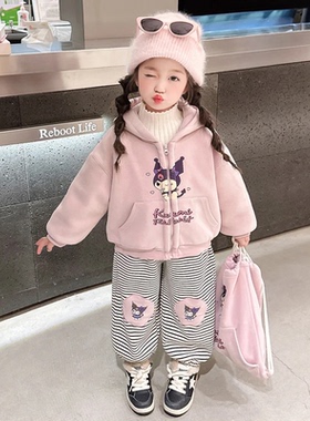 女童卡通连帽卫衣套装冬季加绒加厚洋气百搭休闲两件套