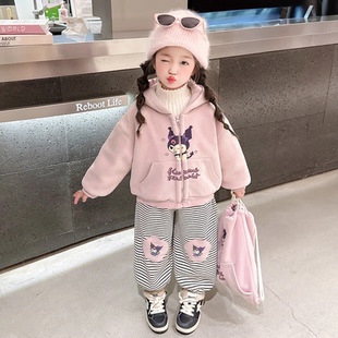 女童卡通连帽卫衣套装冬季加绒加厚洋气百搭休闲两件套