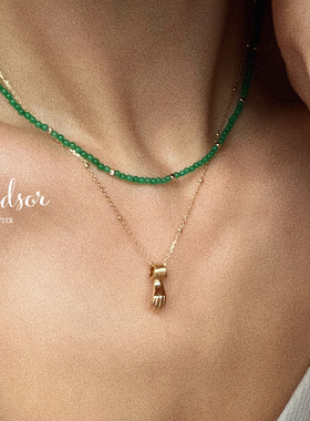 温莎绿色苔藓碧玉珠串镀金项链