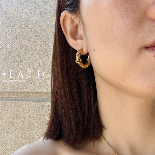 现货LA2L法国牛角宝石镶嵌纯手工雕刻复古镀金Hoops耳环POUR TOI