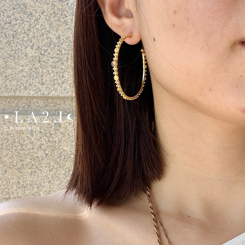 现货LA2L法国宝石镶嵌纯手工雕刻复古镀金圆环Hoops耳环POUR TOI