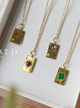 现货LA2L法国四叶草绿珐琅纯手工双面雕刻硬币复古项链POUR TOI