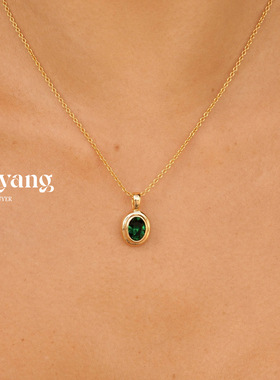 现货Alix Yang澳洲小众椭圆绿色水晶镶嵌18K镀金圆环复古项链