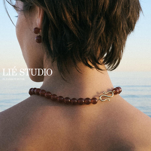 现货Lie 官方授权 Studio天然红玛瑙串珠镀金高级小众项链sasa同款