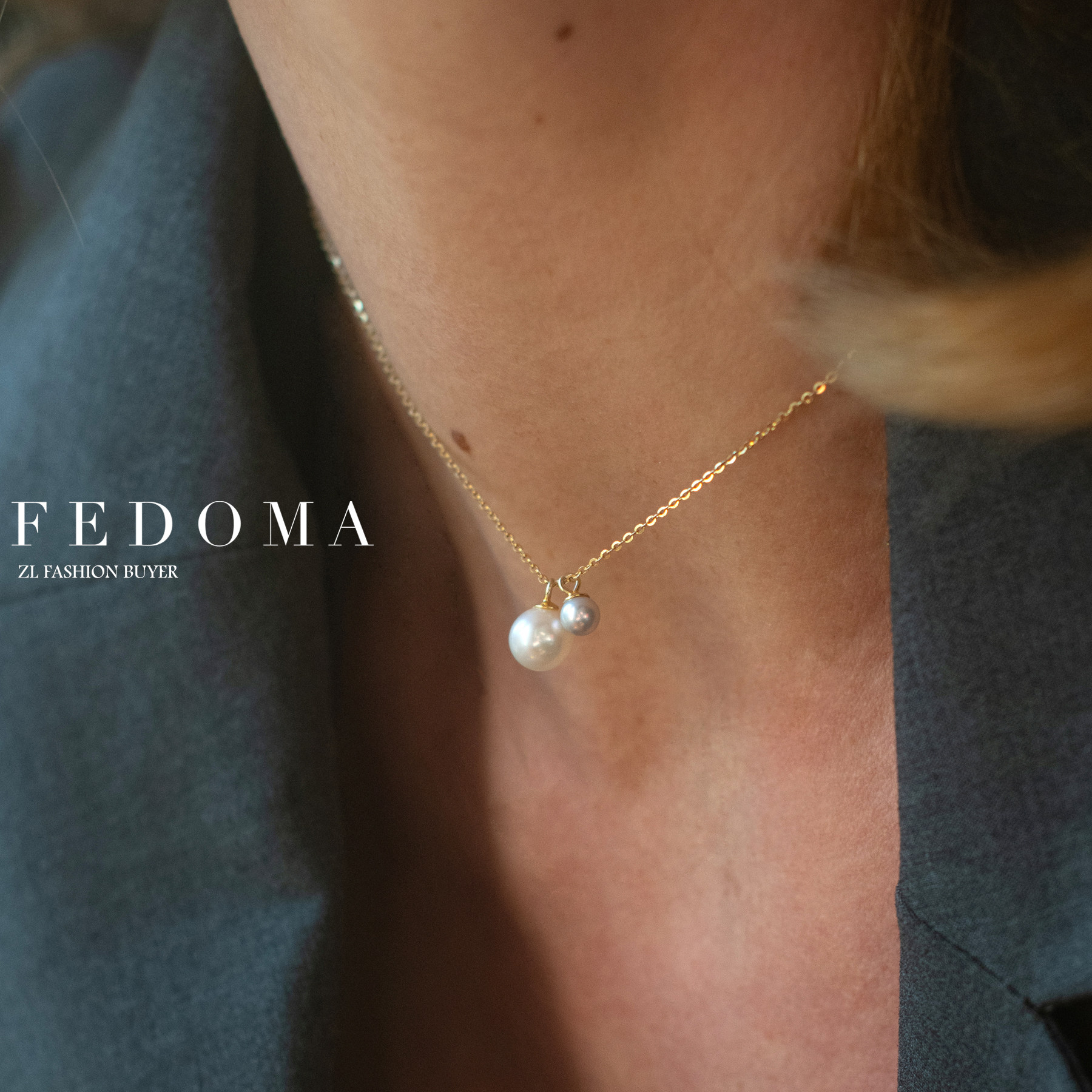 现货Fedoma大小双天然珍珠白色灰色双色吊坠镀金项链小众官方授权