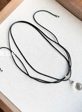 现货Amame纯银水滴形透明白水晶黑色蜡绳长款项链中性个性休闲
