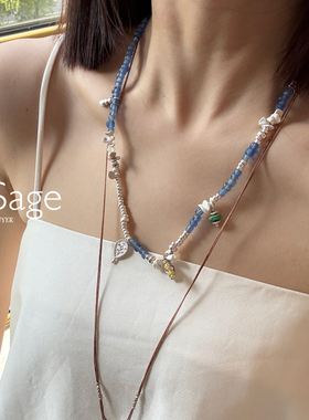 现货Ensage日本纯银蓝色琉璃珠串珠天然石不规则彩珠高级小众项链