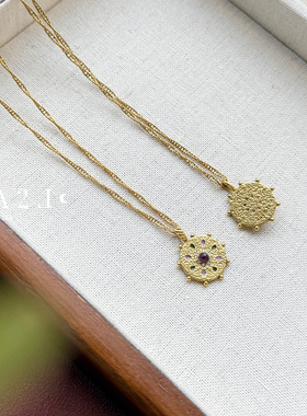 现货LA2L法国纯手工紫色水晶镶嵌轮盘水晶立体复古项链POUR TOI