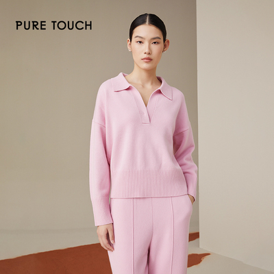 pure touch女士100%绵羊毛童话粉针织上衣时尚百搭显瘦翻领上衣新