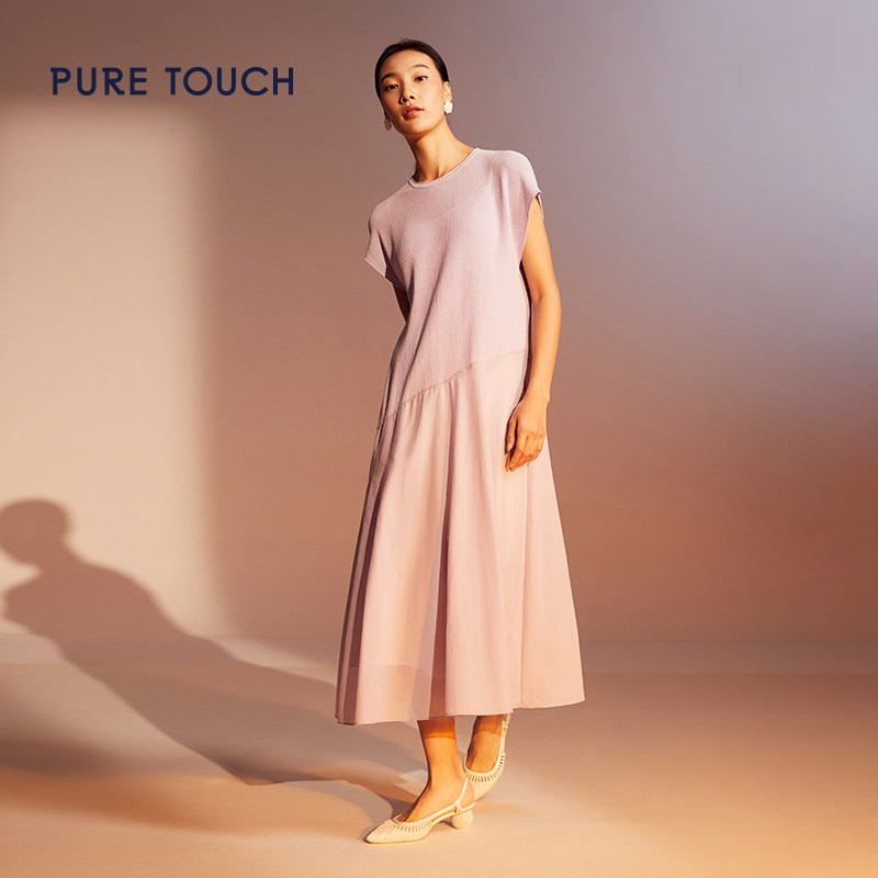 pure touch夏季女士连衣裙醋酯棉针梭拼接时尚显瘦高级感中长款裙