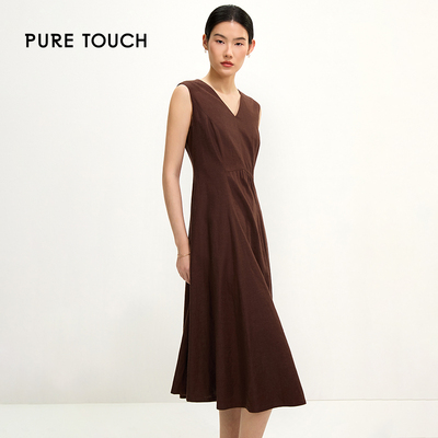 pure touch檀咖色V领无袖女士连衣裙职业通勤简约修身长款连衣裙