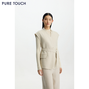 商场同款PURE TOUCH女装26春夏新款亚麻混纺马甲V领系带马夹上衣