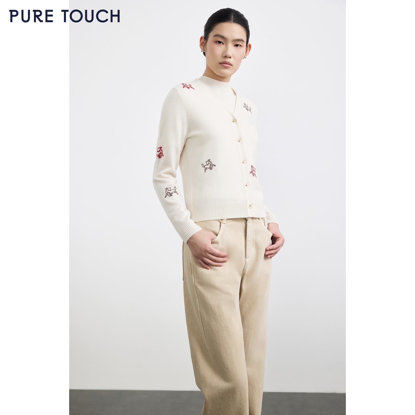 PURE TOUCH女装25秋冬新款v领羊绒针织开衫生肖马刺绣新年毛衣