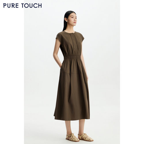 PURE TOUCH 26春夏新款复古连衣裙松紧抽褶腰中长款盖袖通勤长裙