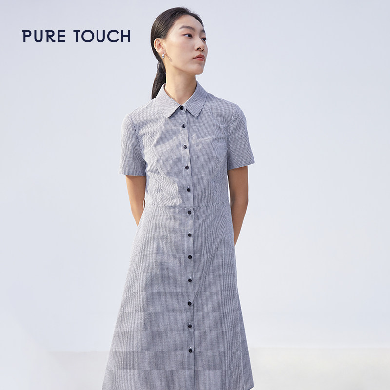 pure touch女士格子短袖连衣裙中长款纯棉优雅知性夏季女装衬衫领