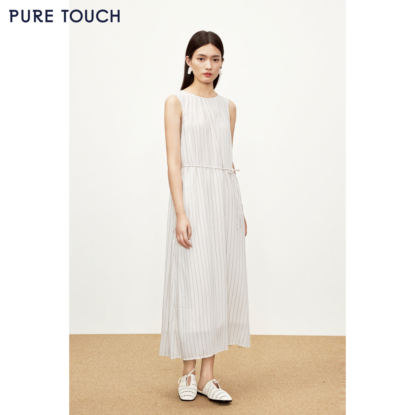 【柳哥严选】PURE TOUCH 26春夏新款无袖连衣裙简约竖条纹系带收
