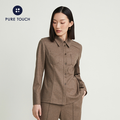 商场同款pure touch秋冬绵羊毛衬衫女长袖磨毛收腰加厚保暖衬衣