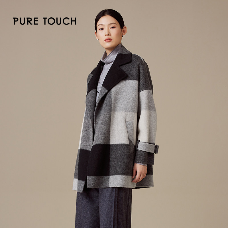 pure rouch格纹短款女士高级绵羊毛大衣时尚设计感通勤休闲宽松