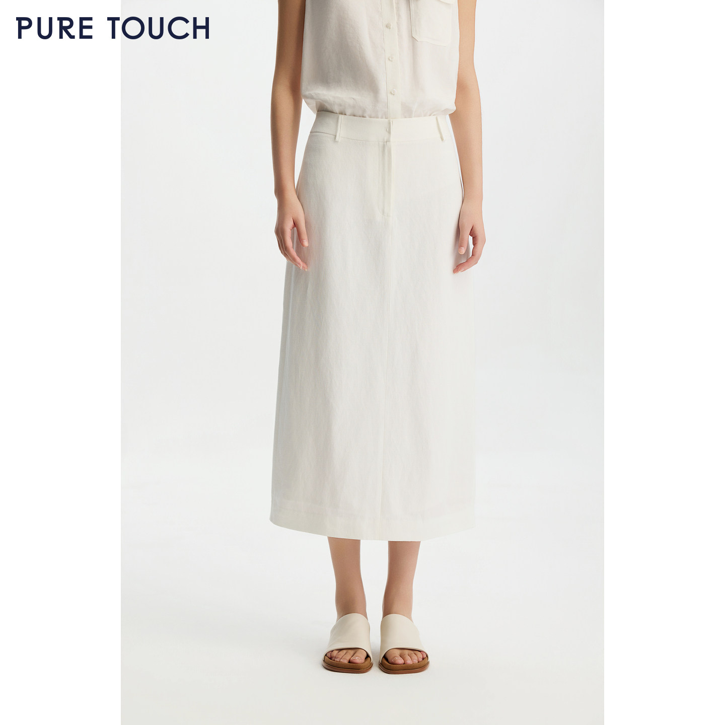 PURE TOUCH 26春夏新款亚麻混纺半身裙直筒中长款白色休闲过膝裙