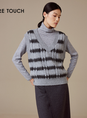 pure touc条纹设计感针织背心百搭舒适简约V领设计秋冬上衣