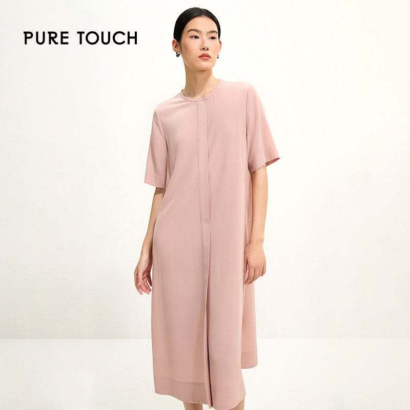 pure touch女士桑蚕丝圆领短袖连衣裙通勤简约时尚百搭舒适长裙夏