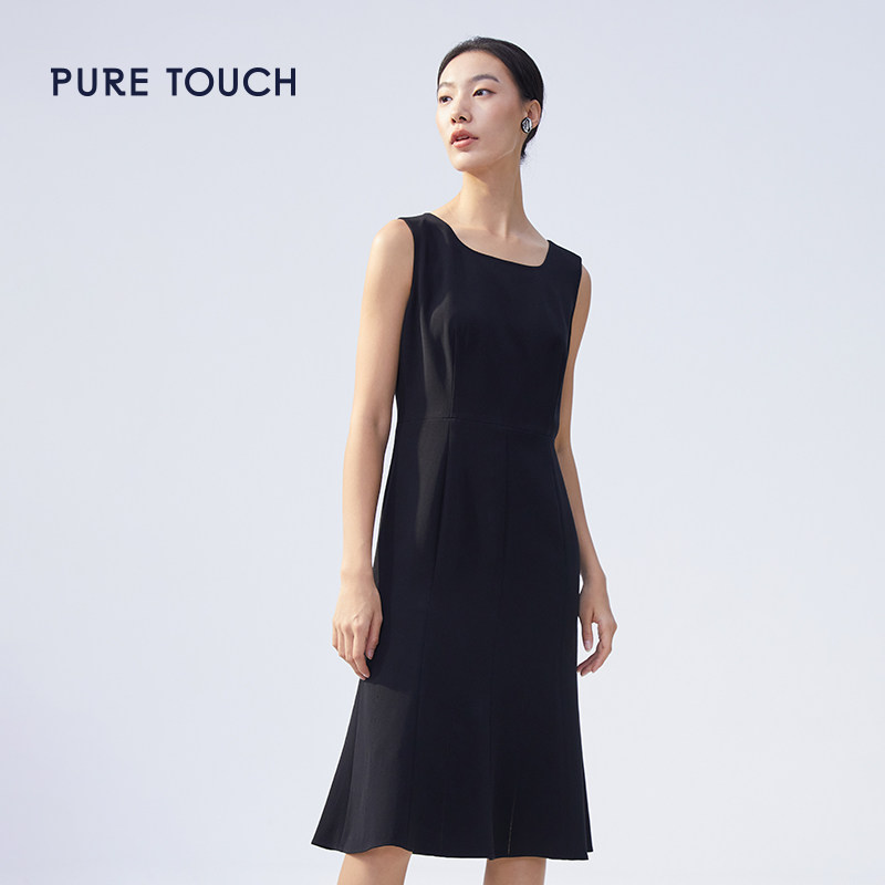 pure touch女士无袖连衣裙黑色修身显瘦高质感鱼尾裙24春季新款