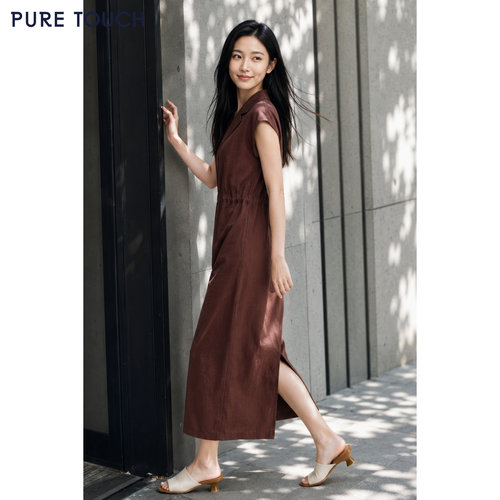 PURE TOUCH 26夏新款亚麻混纺连衣裙中长款盖袖过膝裙抽绳收腰裙