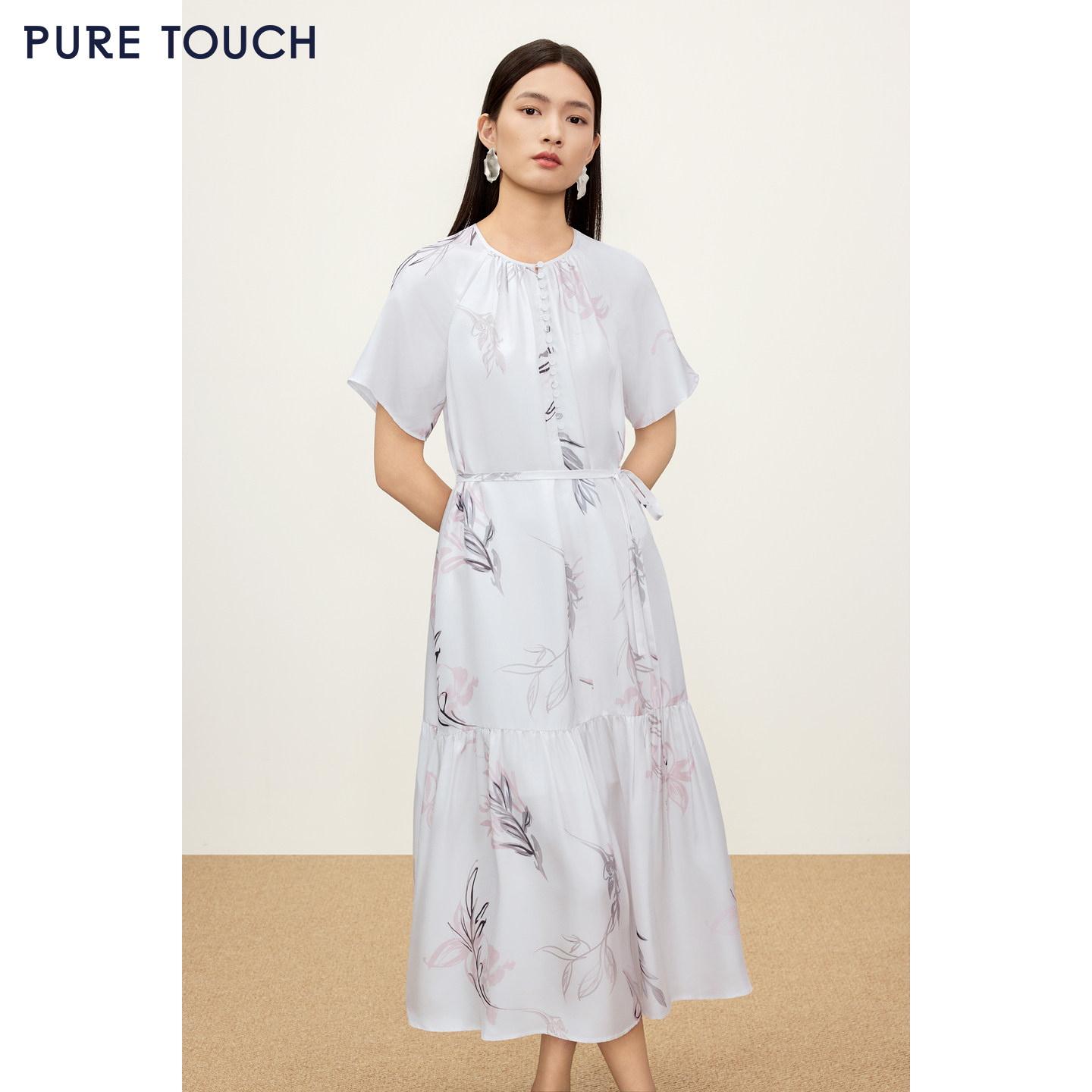 PURE TOUCH26春夏新款19姆米斜纹绸连衣裙中长款蚕丝印花度假长裙