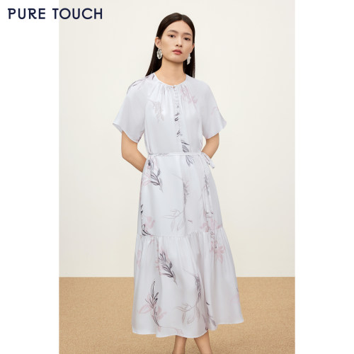 PURE TOUCH26春夏新款19姆米斜纹绸连衣裙中长款蚕丝印花度假长裙