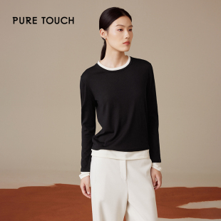 touch2024冬季 pure 新款 假两件针织衫 上衣女 长袖 100绵羊毛衫