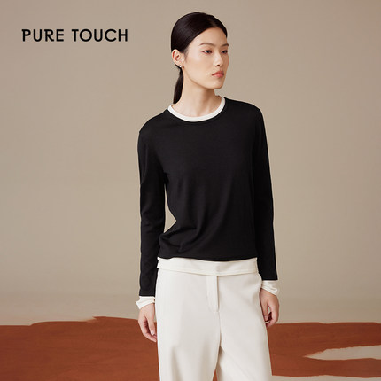 【100绵羊毛衫】pure touch2024冬季新款假两件针织衫长袖上衣女