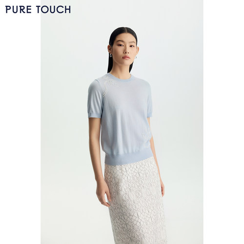 商场同款PURE TOUCH26春夏新款短袖针织衫立体绣绵羊毛圆领半袖衫