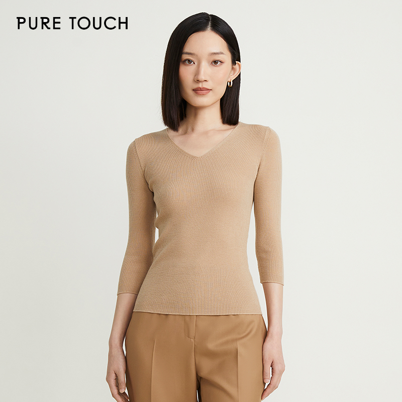 puretouch女士100%绵羊毛七分袖V领针织衫百搭修身打底衫内搭上衣